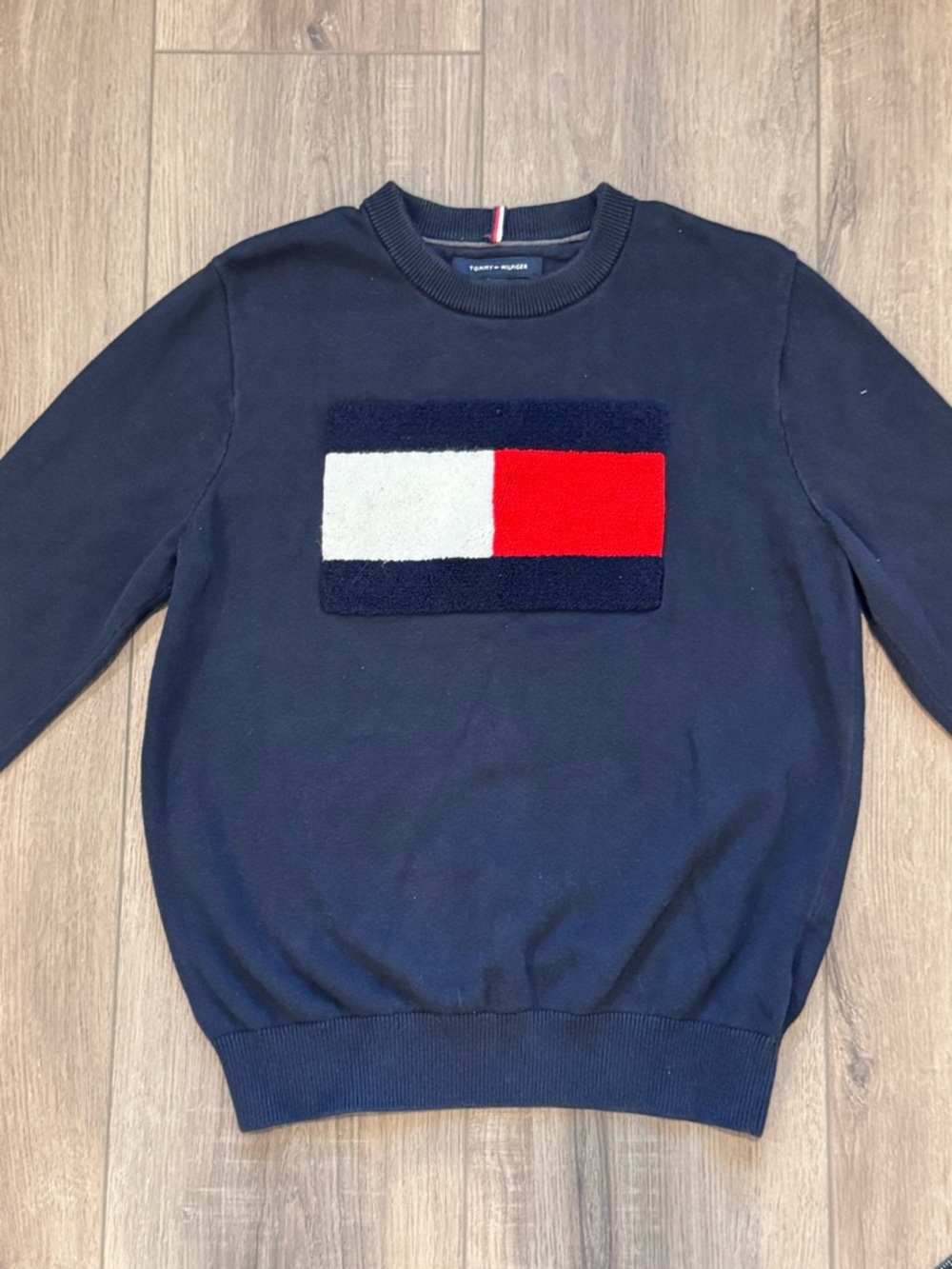 Tommy Hilfiger Navy Crewneck Sweater with Red & White Logo Panel